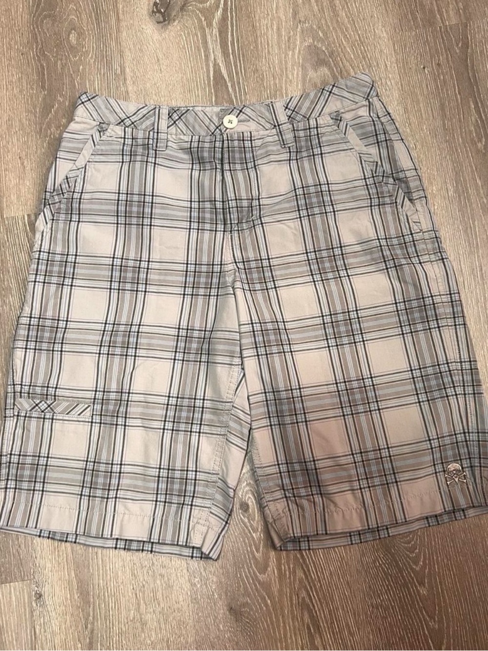 Tony Hawk Light Gray and Black Plaid Cargo Shorts